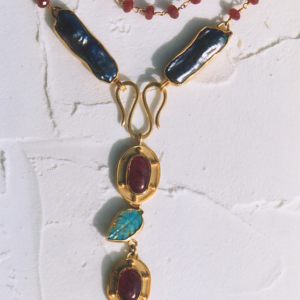 Renaissance 22k Ruby, Opal Leaves, Black Pearls
