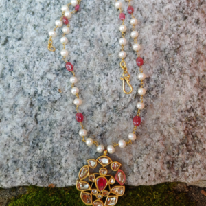 Moghal Necklace of Miners Cut Diamonds, Pearl, Ruby, Enamel, 18k