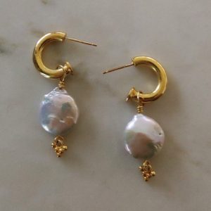 Heavy 18 Karat Gold Hoop Earrings with Removeable Lentil Pearl