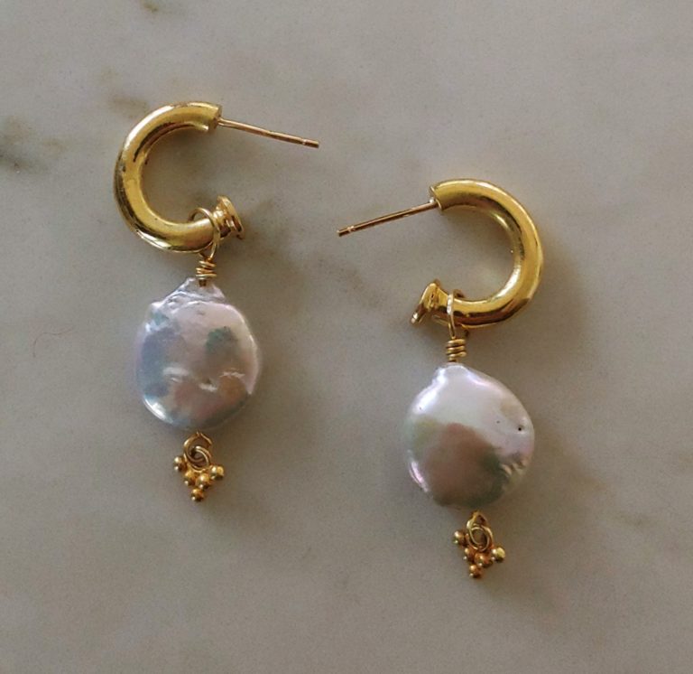 Heavy 18 Karat Gold Hoop Earrings with Removeable Lentil Pearl